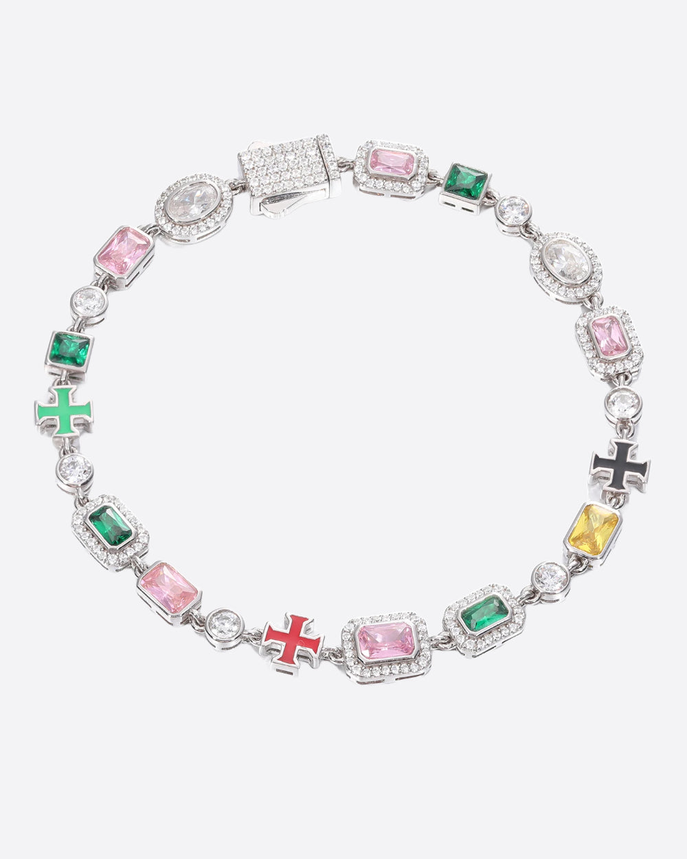 MOISSANITE CROSS & GEMSTONES BRACELET. - WHITE GOLD