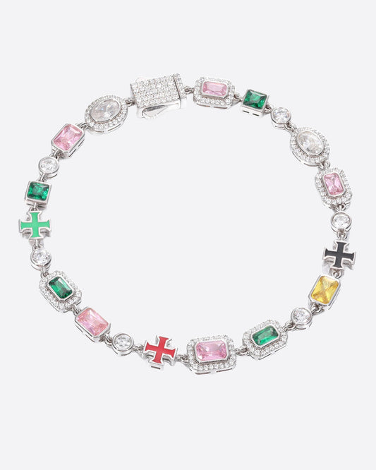 MOISSANITE CROSS & GEMSTONES BRACELET. - WHITE GOLD