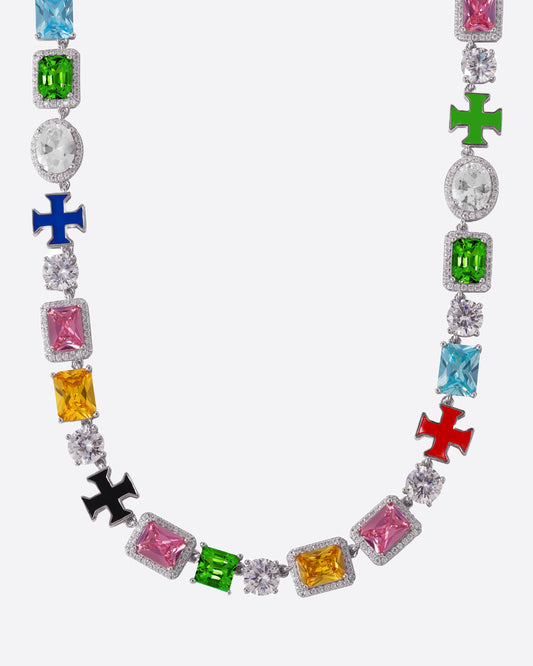 MOISSANITE CROSS & GEMSTONES CHAIN. - WHITE GOLD