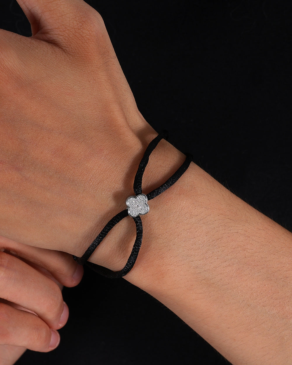 MOISSANITE ICED CLOVER CORD BRACELET. - WHITE GOLD