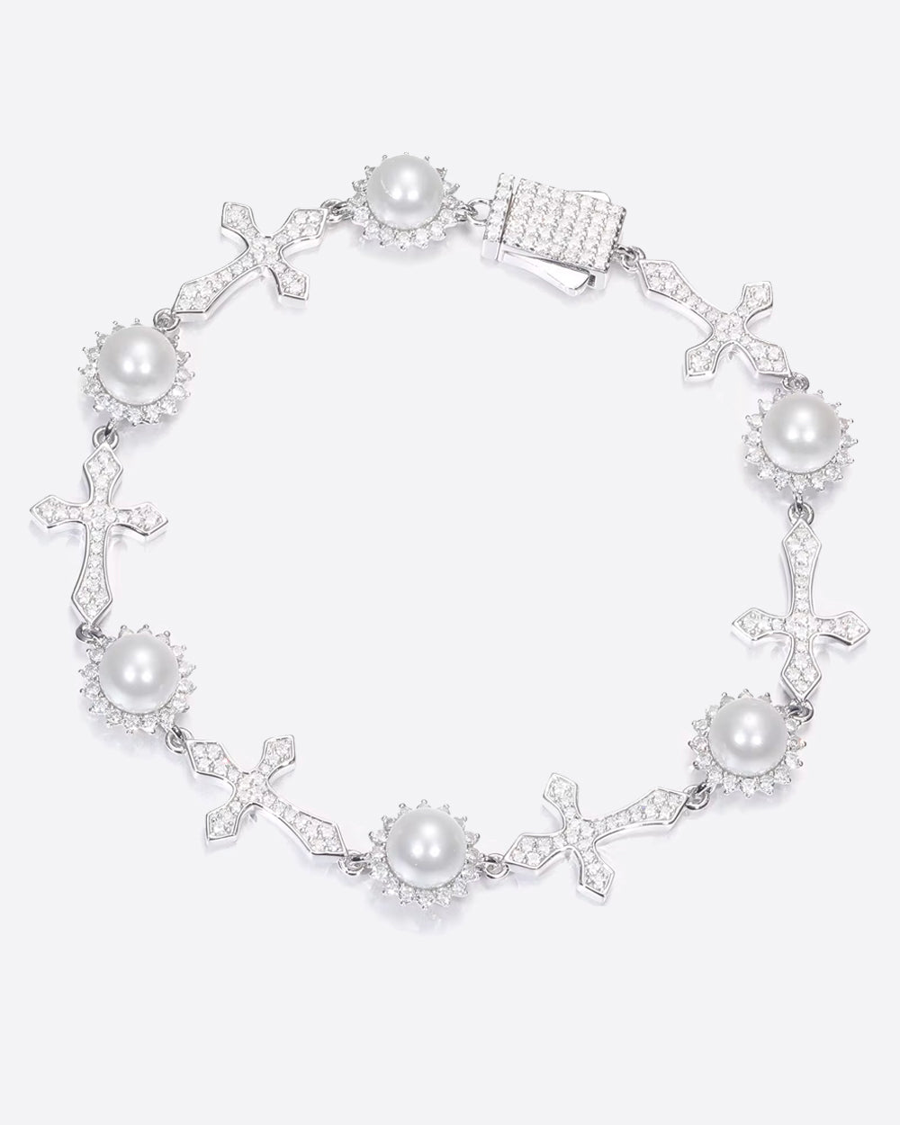 MOISSANITE ICY CROSSES  & PEARLS BRACELET. - WHITE GOLD
