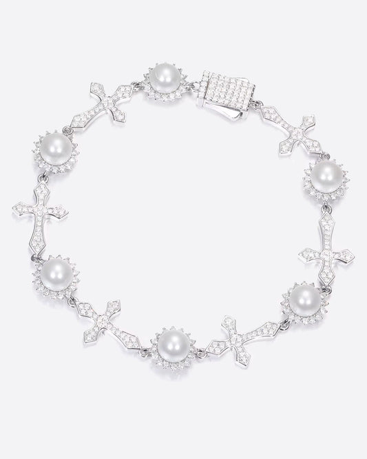 MOISSANITE ICY CROSSES  & PEARLS BRACELET. - WHITE GOLD