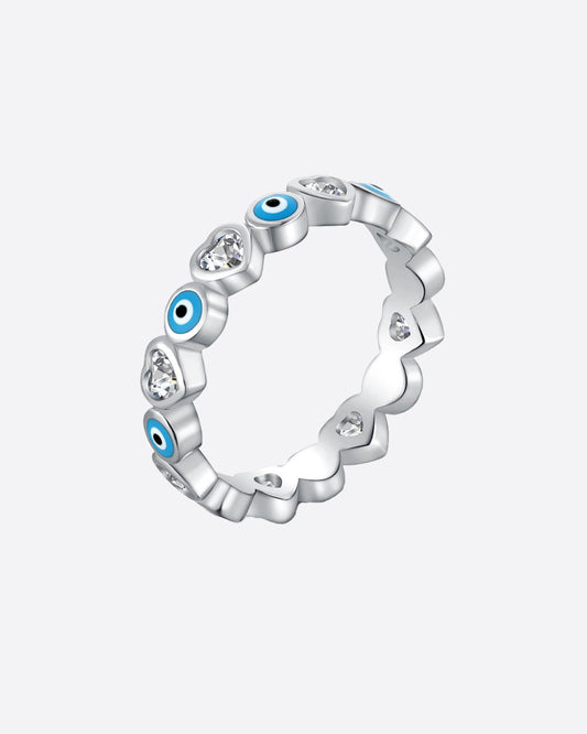 EVIL EYES & HEARTS RING 925. - WHITE GOLD