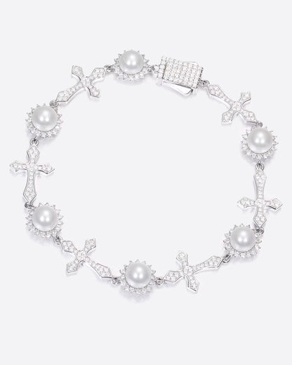 MOISSANITE ICY CROSSES  & PEARLS BRACELET. - WHITE GOLD