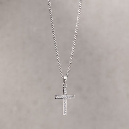 KREUZ HALSKETTE ICED OUT 925 SILBER RHODINIERT