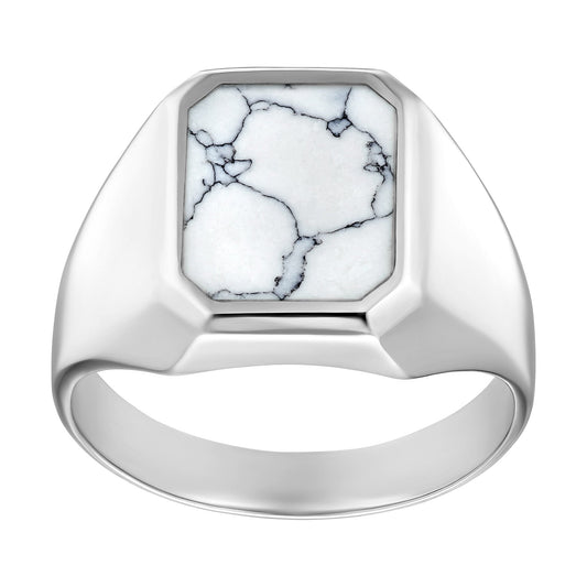 SIEGELRING HOWLITE MARMOR OKTAGON 925 SILBER RHODINIERT